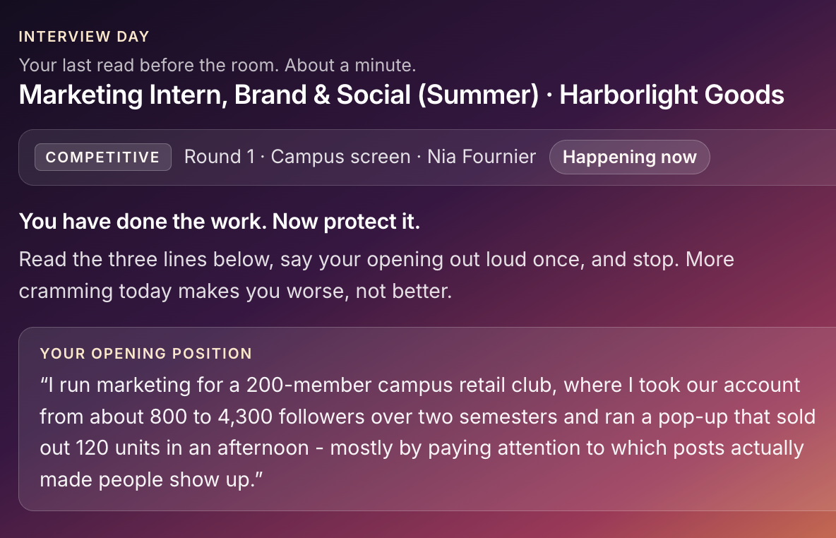 Interview Day read for a Marketing Intern round at Harborlight Goods
